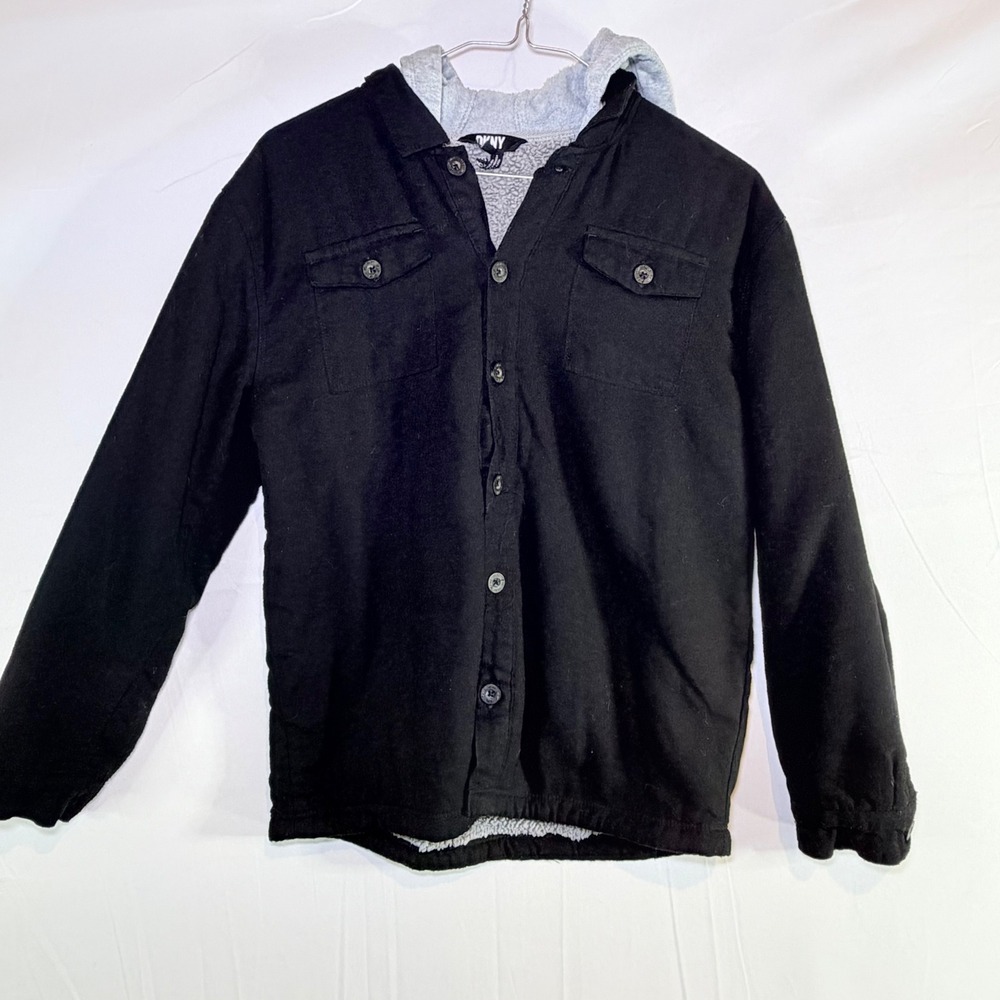 DKNY Boys Black Sherpa Lined Hooded Flannel Shirt Jacket Large 14/16 Shacket
